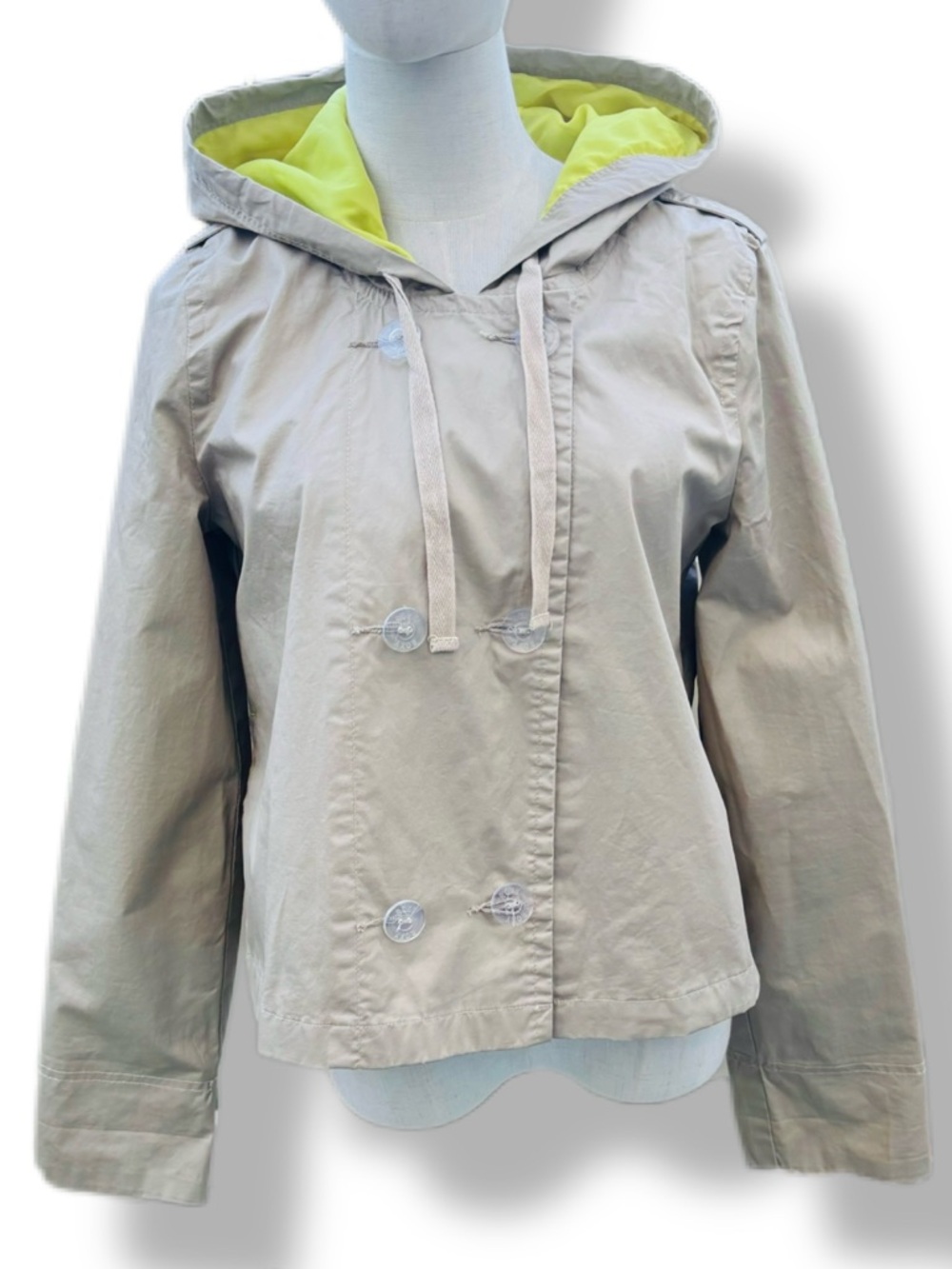 Roxy Tan Mini Trench Coat Jacket Neon Yellow Hood EUC Medium